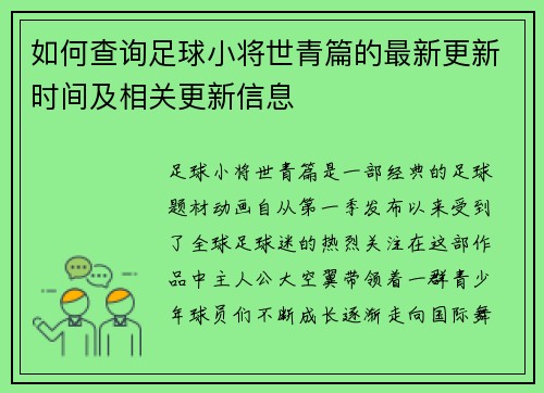 如何查询足球小将世青篇的最新更新时间及相关更新信息